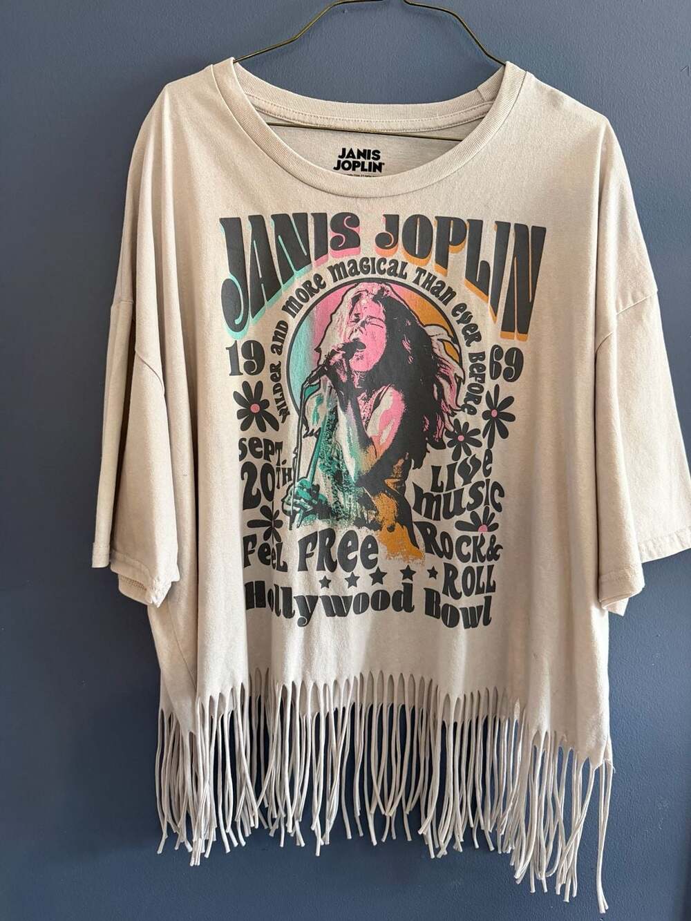 Janis Joplin 1969 Hollywood Bowl Fringe Hem Oversized Graphic Tee